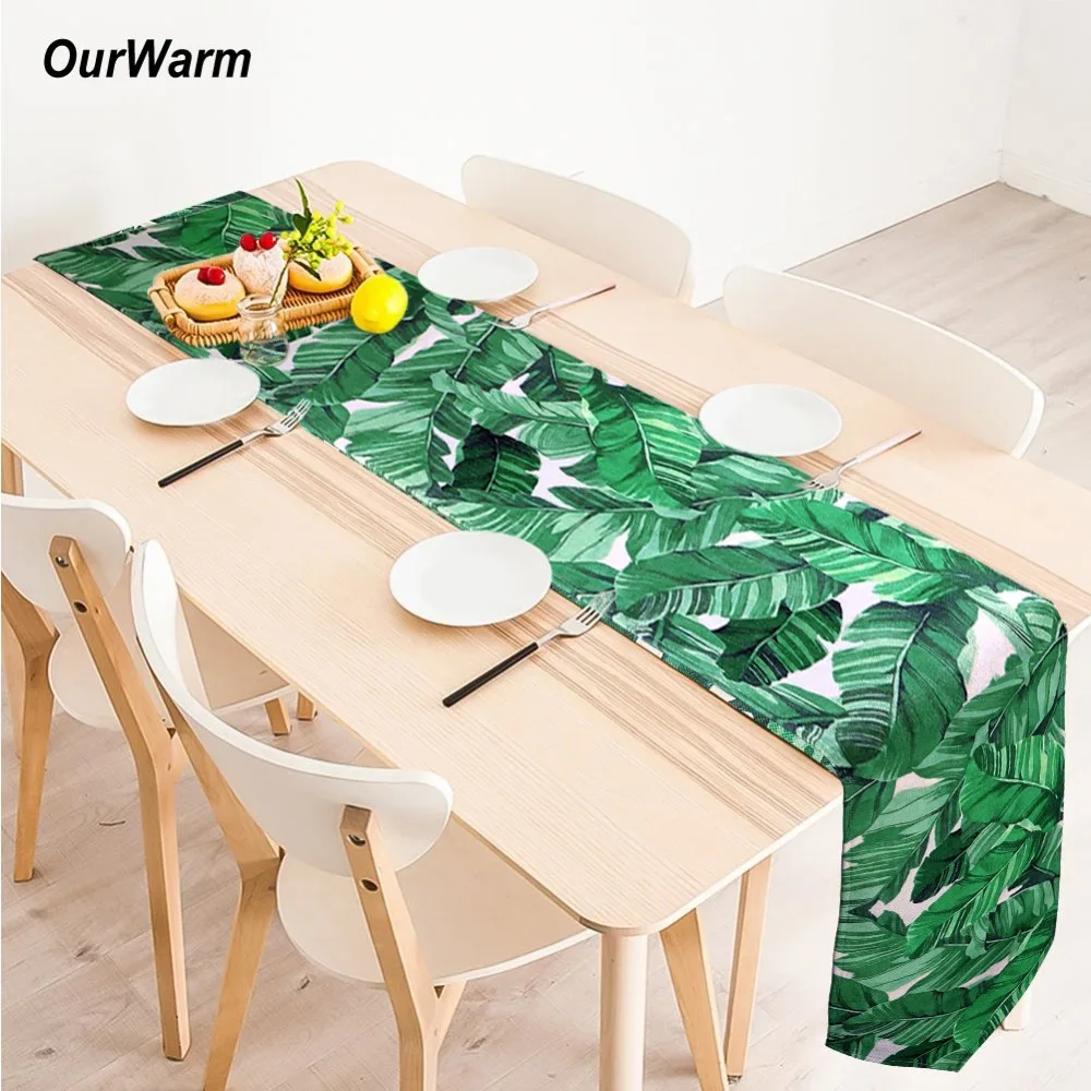 

OurWarm 30X220cm Cotton Linen Table Runner Modern Green Leaf Table Cloth chemin de table Hawaiian Party Decorations Home Textile