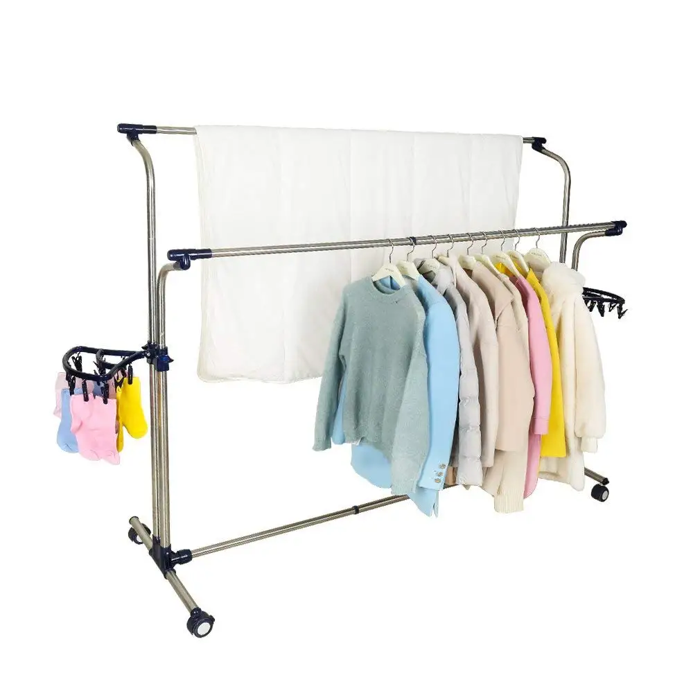  Movable Clothes Laundry Drying Rack Garment Rack Expandable Rails Rolling Adjustable Clothing Dryin