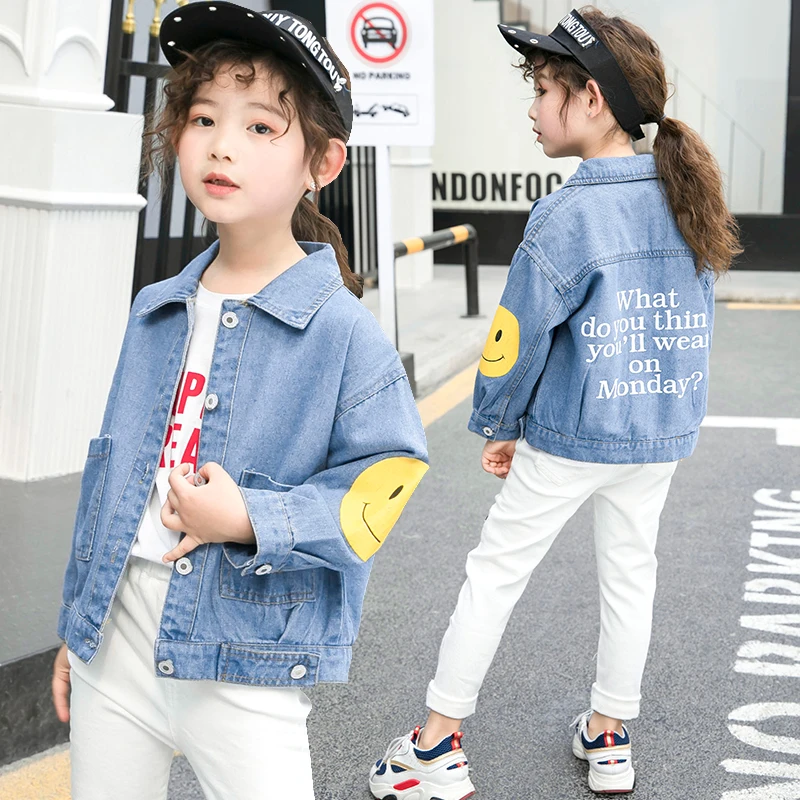 

girls denim jacket hot sale 4-13 years old 100-160cm height cotton pocket Washed print smiley letters hot sale kids gift fashion