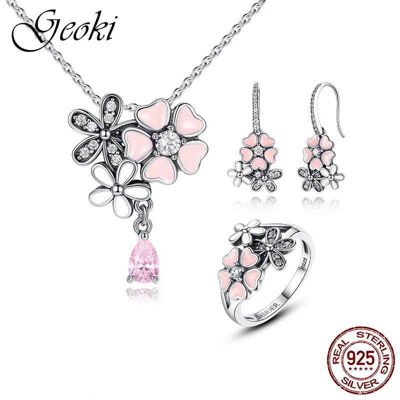 

Geoki 925 Sterling Silver Pink Cherry Daisy Clover Ring&Drop Earrings Spring Blossom Pendant Necklace Women Party Jewelry Sets