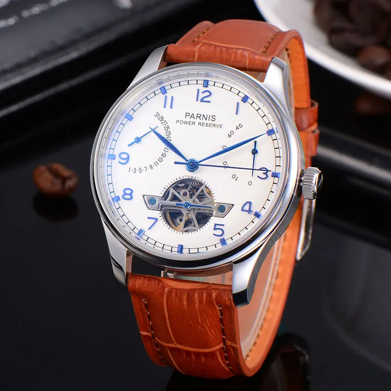 

43mm Parnis white dial calendar Power Reserve Automatic mechanical men watch Seagull movement Leather Strap