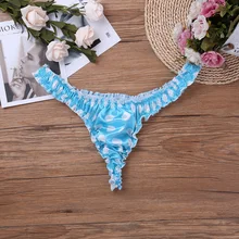 Мужские трусики в горошек с оборками, мягкие Сатиновые бикини с низкой посадкой, стринги, мужские стринги с мешочком для пениса, трусы для геев, нижнее белье