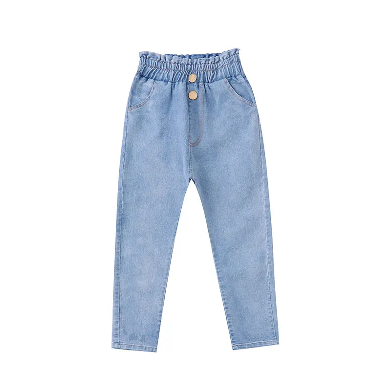 Г. Высококачественные джинсы с высокой талией для девочек, детские джинсы с металлическими пуговицами джинсовые штаны в стиле ретро для девочек-подростков, джинсовые брюки От 4 до 13 лет - Цвет: Синий