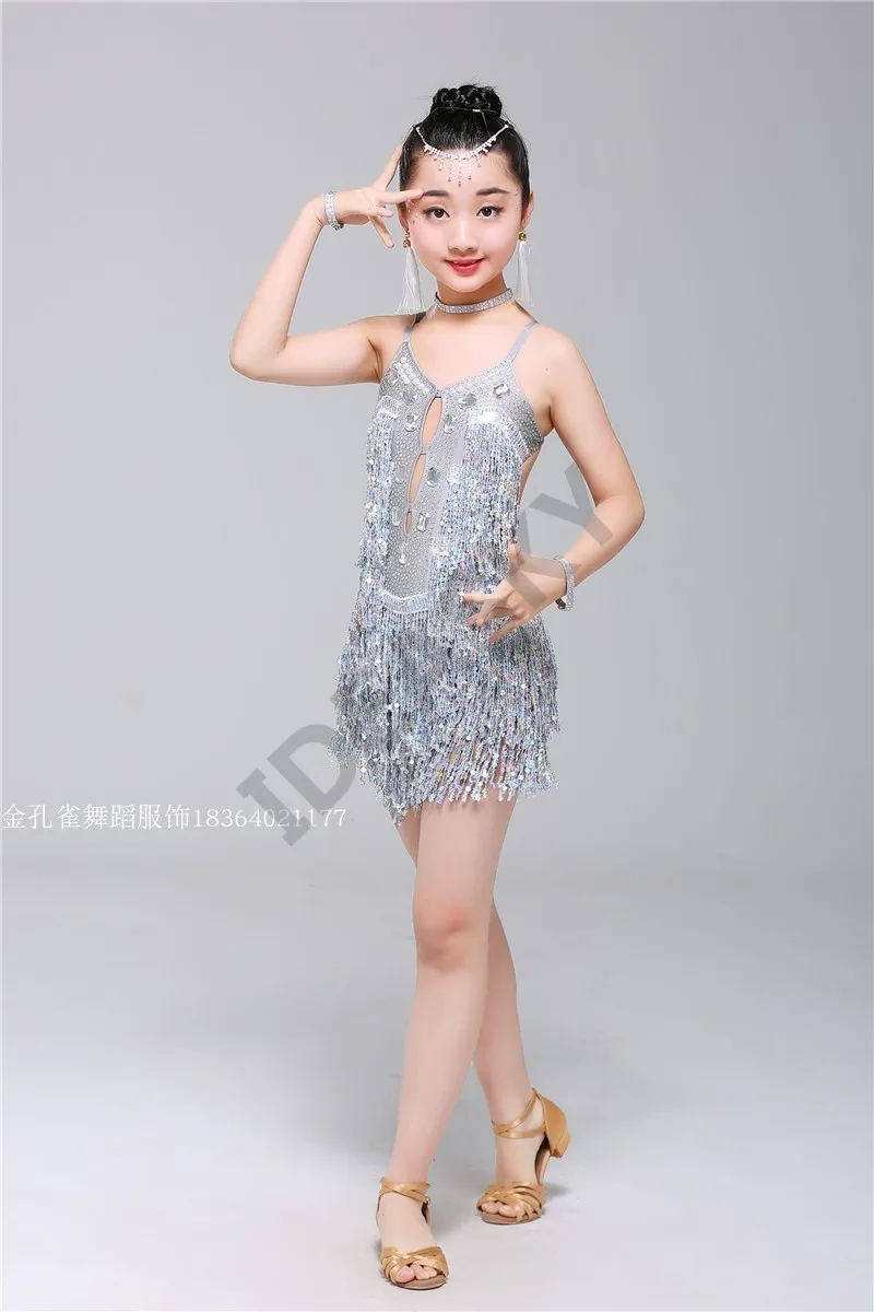 Детское профессиональное платье для латинских танцев для девочек, бальные платья для танцев для детей, бахрома для сальсы с серебряными блестками и кисточками
