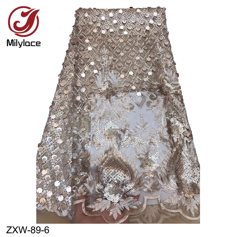 

Magnificent high quality african lace fabric with sequins 5 yards per lot net lace embroidery french lace fabric nigerian ZXW-89