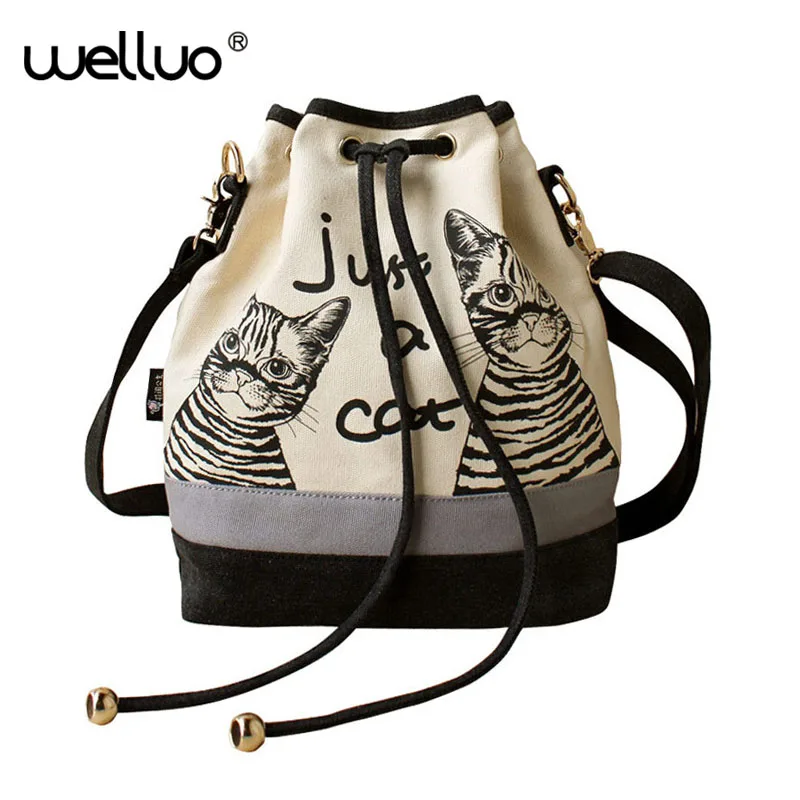 

2019 Women Bags Spanish Canvas Bucket Bag Handbag Fashion Retro Canvas Women Shoulder Bag Vintage Print Cat Bags Females XA477B