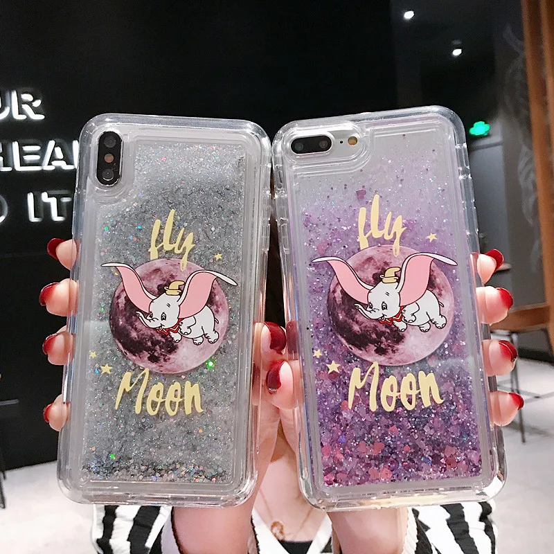 Cartoon Fly Moon Dumbo Elephant Glitter Phone Case for Iphone X XR XS MAX 6 6S 7 8 Plus Dynamic Quicksand Liquid Soft Back Cover |