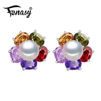 

FENASY sapphire jewelry Pearl earrings 925 Sterling Silver Flower crystal earrings Multicolored gems charms flower earrings