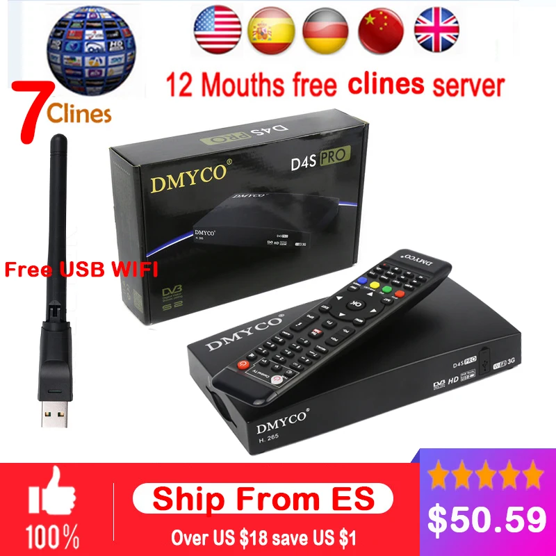 

Satellite TV Receiver decoder HD DVB-S2 + USB Wfi Receptor with 7 lines Europe code account support powervu 1080P lnb Portugal