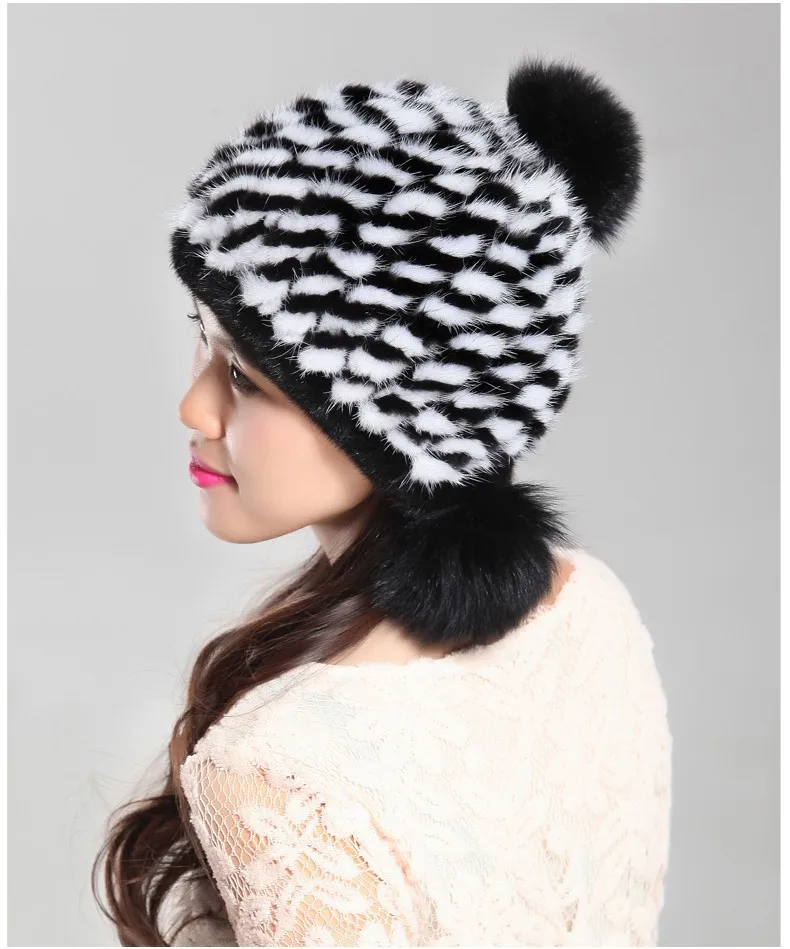 Настоящая норка оптом меховая вязаная шапка для женщин Зимняя теплая меховая шапка с помпоном из лисьего меха