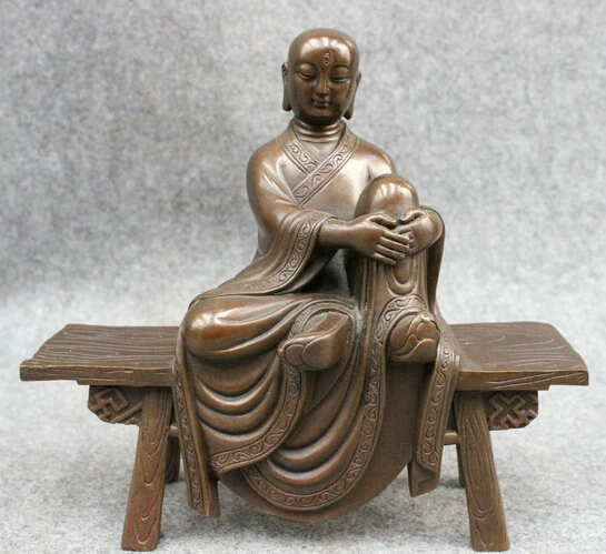 

wholesale factory 9" Folk Chinese Pure Bronze Buddhism Arhat Monk Buddha Sitting Stool Statue
