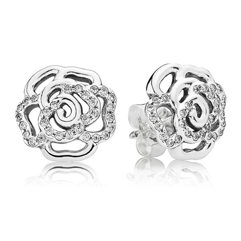 

Authentic 925 Sterling Silver CZ Crystal Paved Pandora Earrings For Women Hollow Rose Earring Studs Fine Europe Jewelry Gift