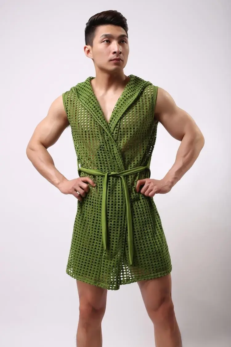 male bathrobe summer elastic nylon mesh robe men with a hood bathrobe robe sexy sleepwear menin
