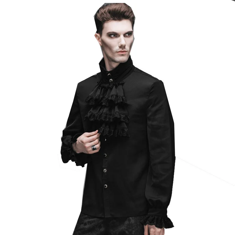 Punk Black Uxedo Shirts With Lace Cuffs 