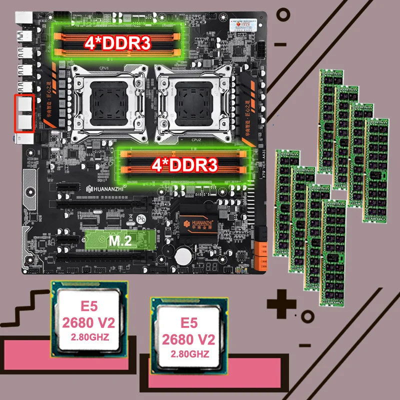 Материнская плата HUANANZHI X79 8D с M.2 NVME SSD слот Dual CPU Xeon E5 2680 V2 большой бренд RAM 128G(8*16G) 1866