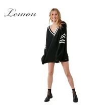 

Lemon Apparel Black White Color Block Sweaters Women Deep V-Neck Full Sleeve Knitted Tops Loose Striped Casual Pullovers