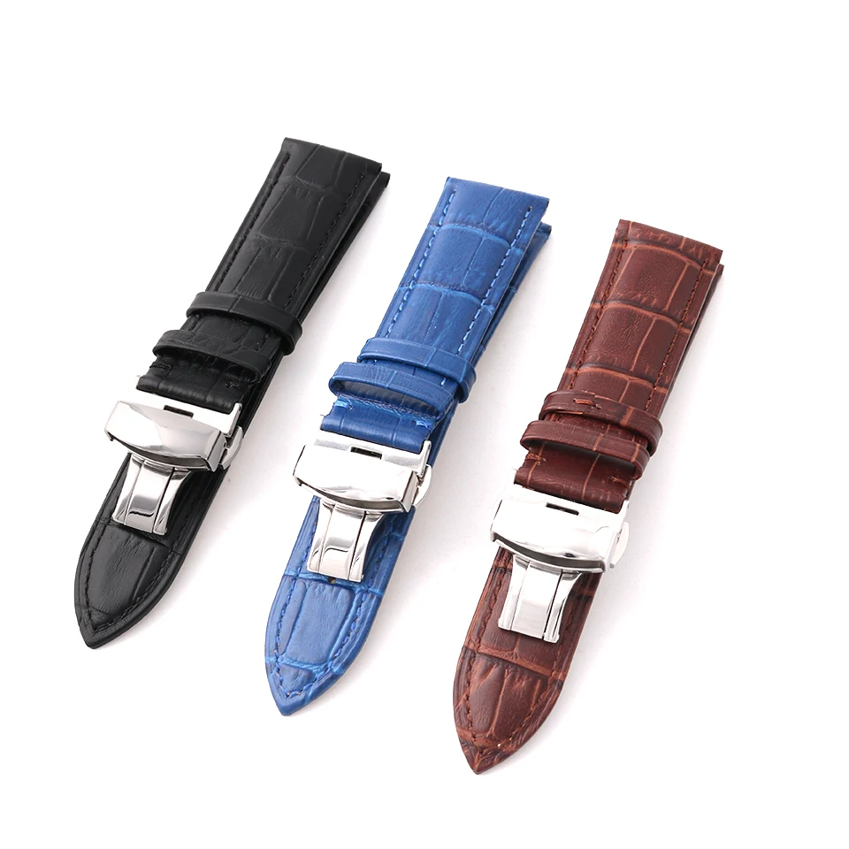 

22mm Genuine Leather Watchbands With Butterfly Buckle Handmade Watch Strap Accessories Black Brown Bracelet Watchband