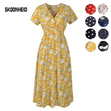 SINGRAIN Verão Mulheres Bohemian Vestido Floral V Neck Imprimir Chiffon Vestidos Praia Mangas Curtas Dot Midi Vestido Elegante vestido longo(China)