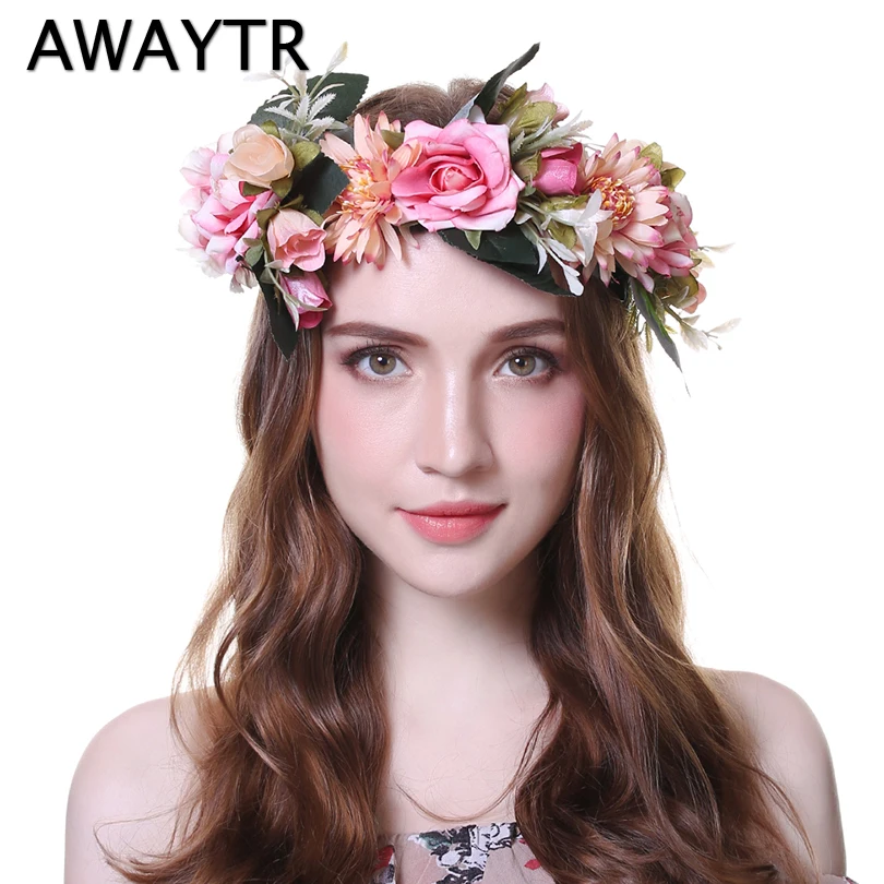 

AWAYTR 2019 Fashion Wedding Bezel Wreath Flower Headband for Women Floral Head Band Spring Festival Photo Shoot Tiaras Headwear