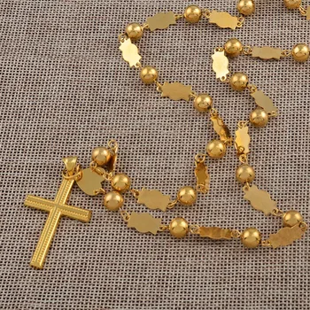 

Anniyo Marshall Necklaces Beads Chains With Cross Pendant for Women Gold Color Fashion Micronesia Islands Jewelry Gifts #126506