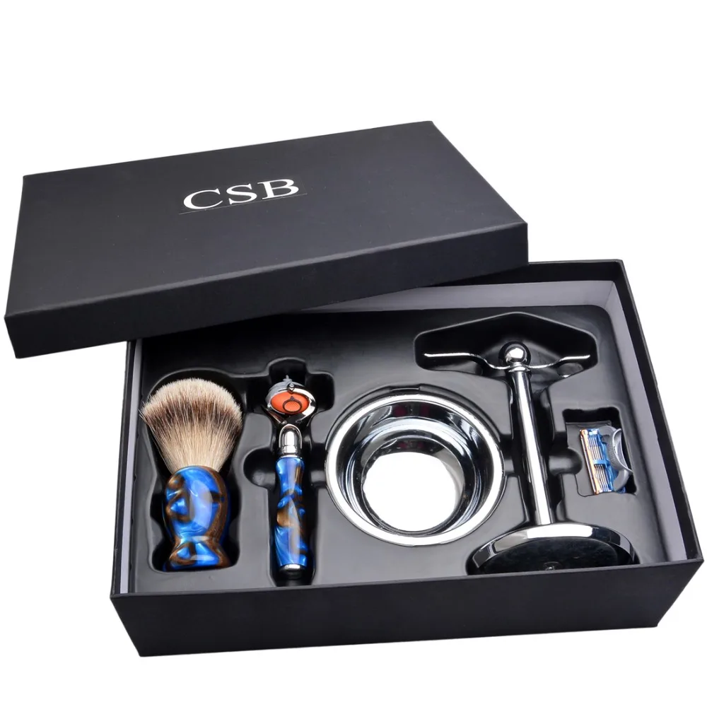 

CSB Shaving Brush Set with Fusion Razor Acrylic Handle Silvertip Badger Shaving Brush Stand Holder Shave Soap Bowl Father Gift