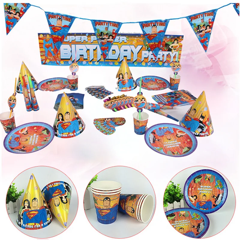 

Movie Cartoon superman Baby Boy Birthday Party Decoration Set Disposable Party Tableware Set for 6 People Use
