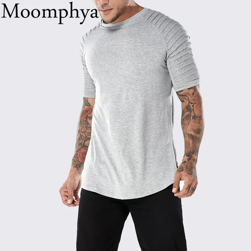 

Moomphya men clothes 2018 Pleated sleeve men t shirt Slim Fit t-shirt men Side zipper hip hop tshirt streetwear camisetas hombre