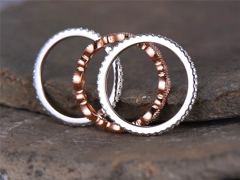 JUNXIN 90% OFF! Luxury 3pcs/Set White Zircon Ring Sets For Women Rose Gold Filled Bridal Engegament Ring Stackable Midi Jewelry
