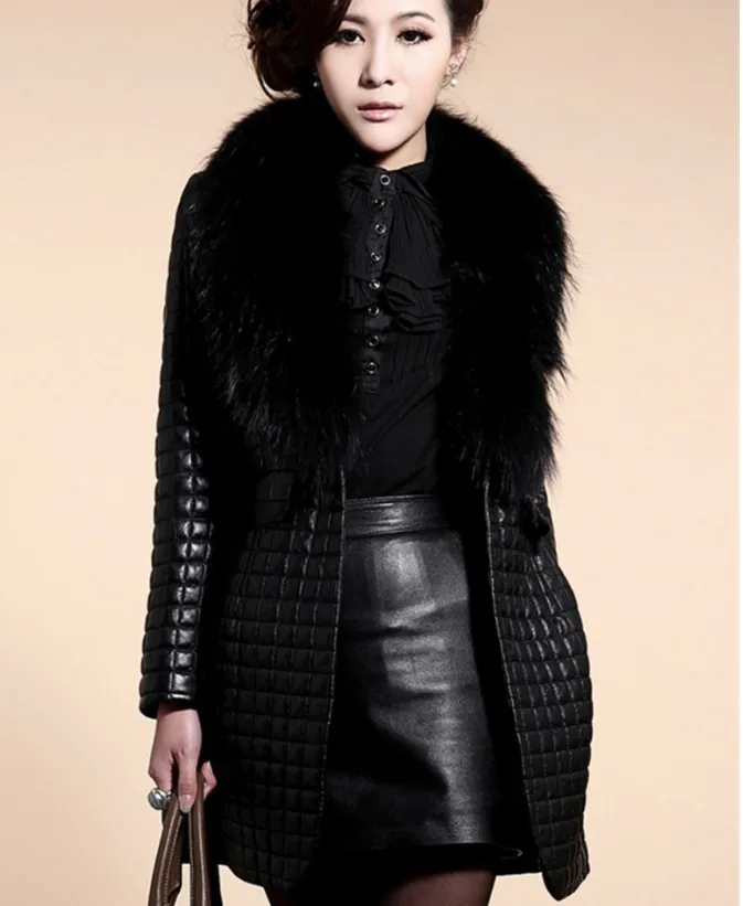 

Leather clothing Oversized raccoon fur collar sheep skin simulation Piga cotton ladies leather jacket long coat jacket S-XXXL