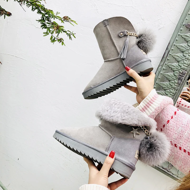 

wenugly 2019 new leather women's winter boots round head flat snow boots chain casual sheep fur one warm warm cold fashion shoes