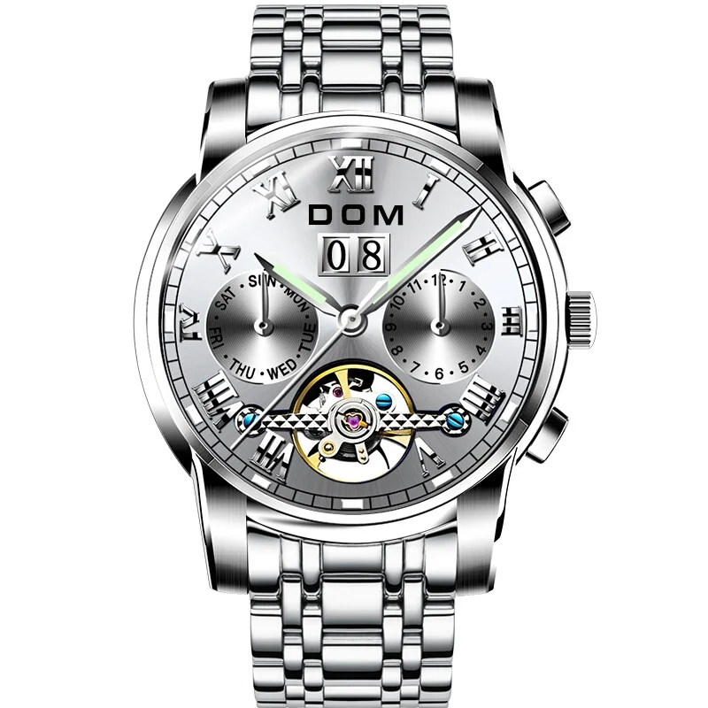 DOM Скелет турбийон механические часы для мужчин автоматическое классическое серебряное Бизнес водонепроницаемые наручные часы Relogio Masculino M75D-7M