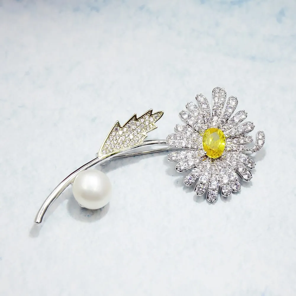 

New Elegant Zircon Flower Brooches Women Lady Freshwater Pearl Brooch Wedding Korean Romantic Jewelry Party Gift