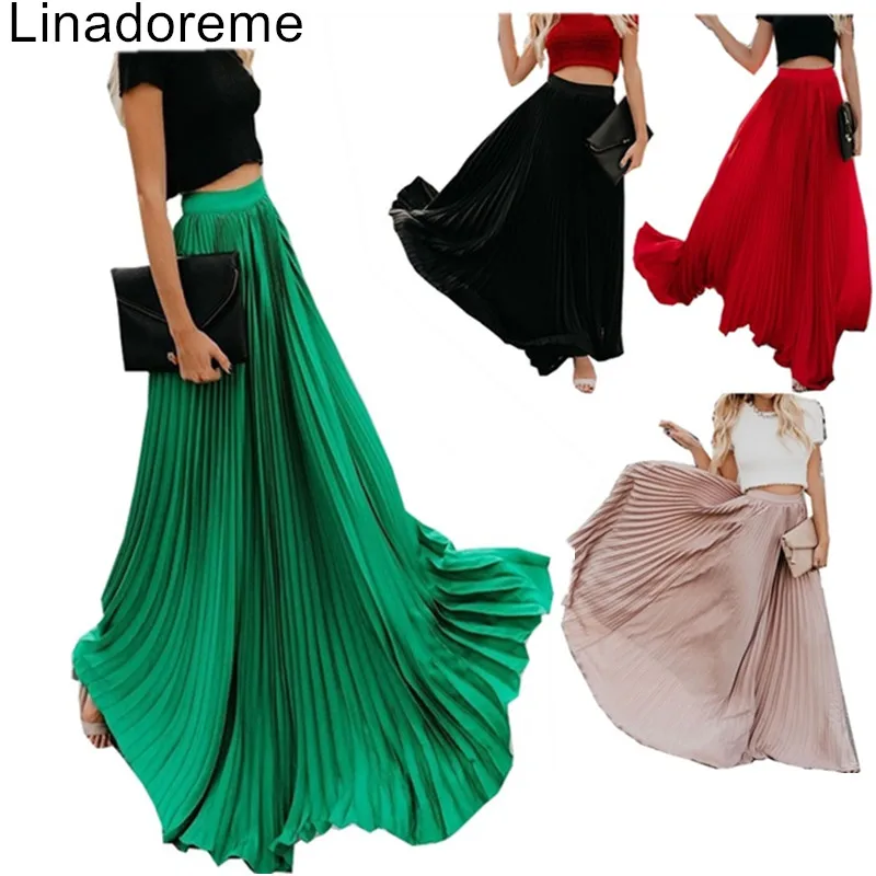 

2018 Spring Summer Autumn New Fashion Casual Women Elastic Waist Long Maxi Pleated Big Swing Flared Skirt High Quality