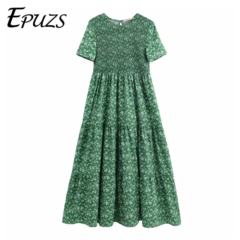 

Summer dress 2019 vintage ruffle long dresses elegant short sleeve green pleated dress korean floral beach dress boho vestidos