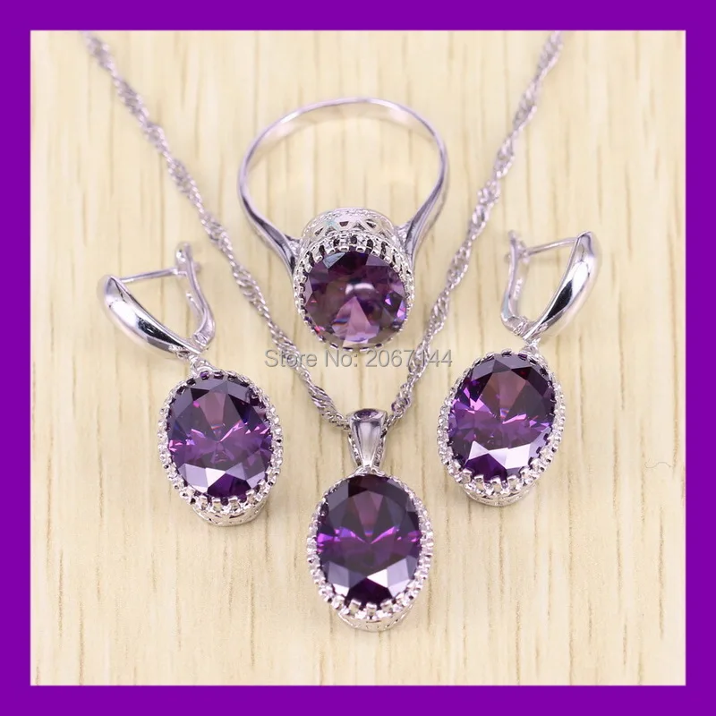 

Classic 925 logo Purple Ziron Jewelry Set Simple Oval AAA Zircon Women Crystal Jewelry Free Gift Box