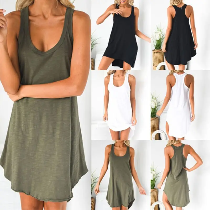 Women Sleeveless Loose Casual Solid Dress Summer Swing Mini Sundress Shirtdress Women Sleeveless Loose Casual Solid Dress Summer Swing Mini Sundress Shirtdress