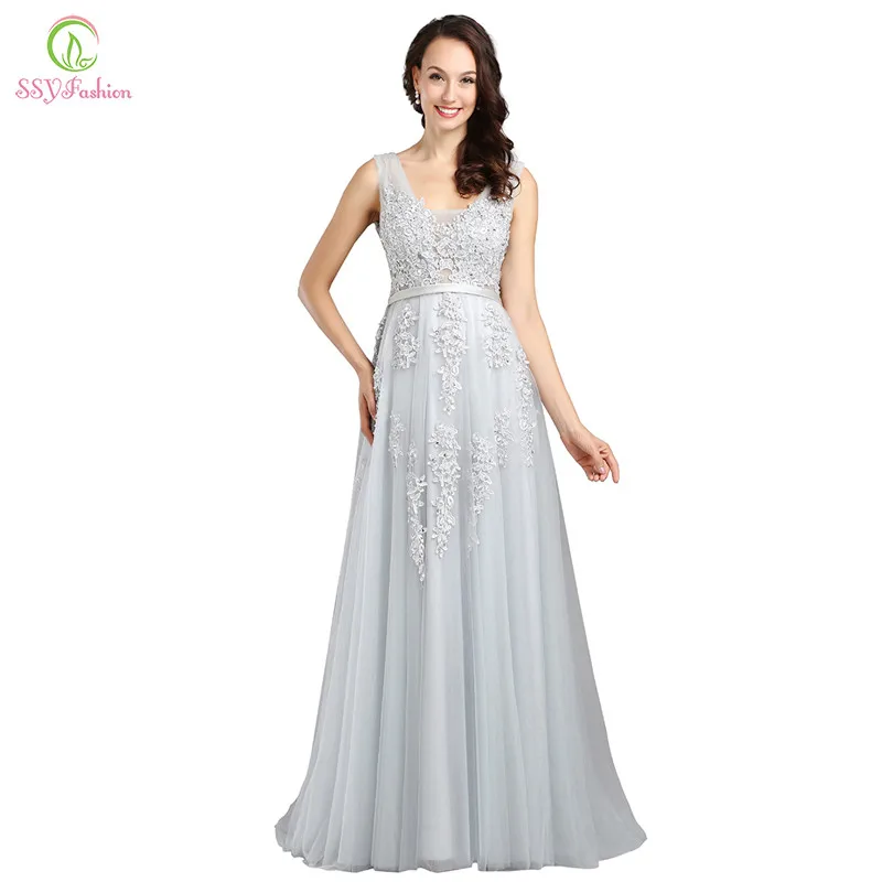 SSYFashion Hot Sell Sweet Light Blue Lace V-neck Lacing Long Evening Dress The Bride Party Sexy Backless Prom Dresses Custom dinner gown