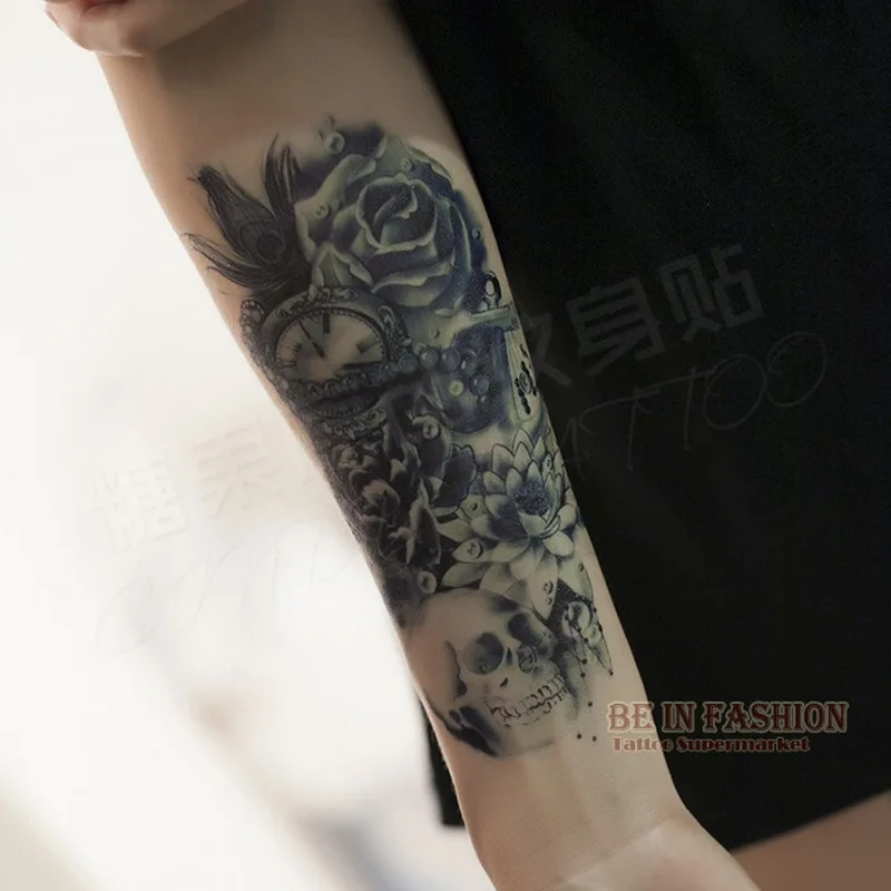 Одна штука, трендовая временная татуировка, цветок, роза, часы, драгоценность, смерти, пиратский череп, татуировки, наклейки для нижнего Плеча, боди-арт, мужские QS-C039