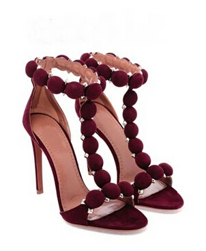 Sexy Rivets Ball Deco T-strap High Heels Women Sandals Wine Red Black Suede Gladiator Sandals Women Shoes Woman Sandalias Mujer (7)