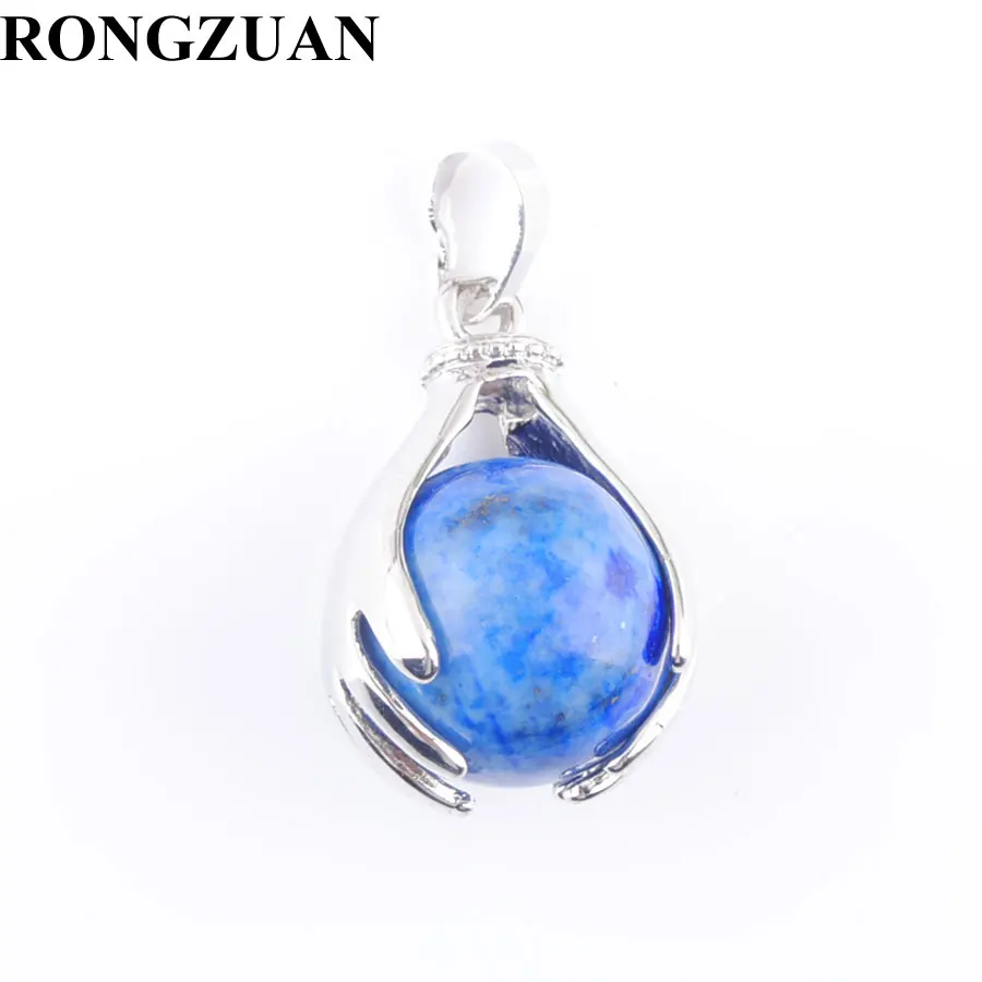 

RONGZUAN Natural Lapis Lazuli 16mm Round Ball Stone Beads Silver Plated Hands Palm Pendants Reiki Chakra Healing Jewelry TN3146
