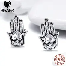 BISAER, модные, 925 пробы, серебряные, рука Фатимы, Хамса, рука Лаки, серьги-гвоздики для женщин, винтажные серебряные серьги, ювелирное изделие, ECE416