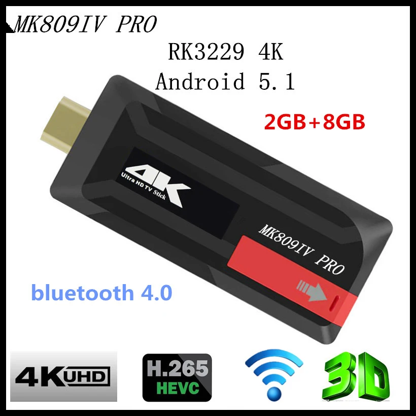 New MK809IV 4K Tv Dongle Android 5.1 HDR H.265 Ram 2GB Rom 8GB Bluetooth 4.0 Miracast TV Stick For DLNA For AirPlay Mini Pc