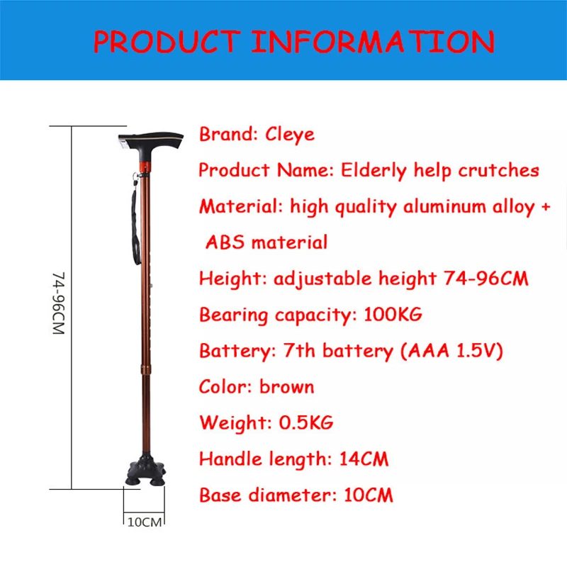 Cleye High Quality Old Man Trekking Cane Light Aluminum Alloy With LED Anti-Skid Falling Wrist Rope Alarm Function For Seniors