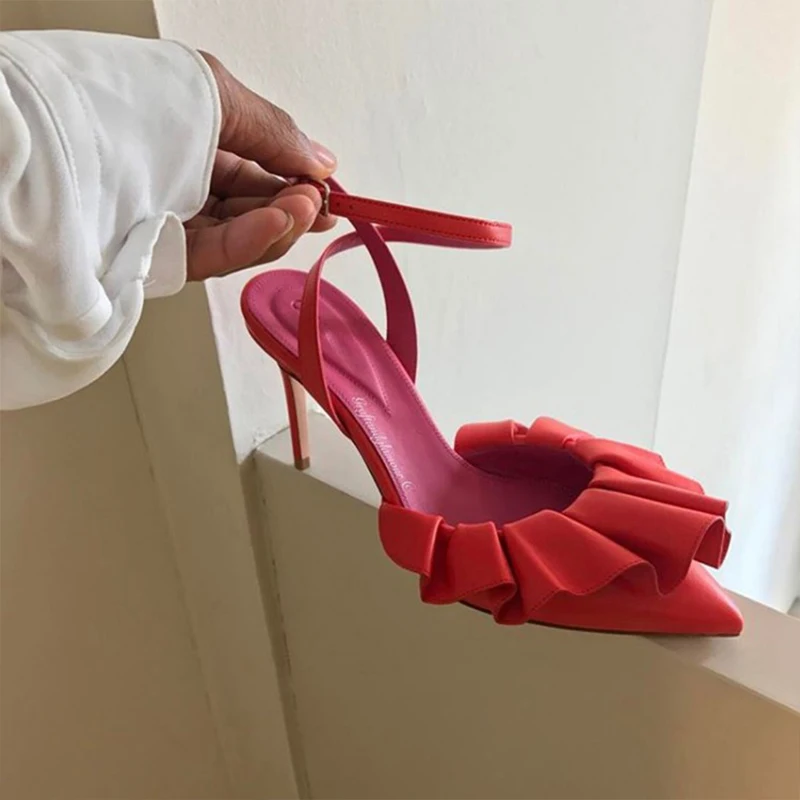 

Hot 2018 Spring Summer Shoes Woman Shallow Ruffles Pumps Sheepskin Woman Designer Pointed Toe High Heels Woman Pumps Party Shoes