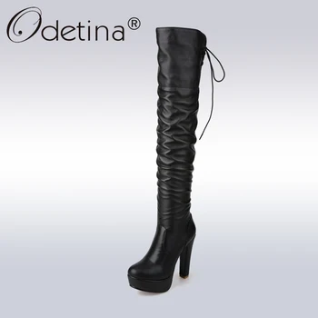 

Odetina Sexy High Heel Over-the-Knee Boots Women Classic Black PU Leather Long Boots Lady Lace Up Platform Motorcycle Boot