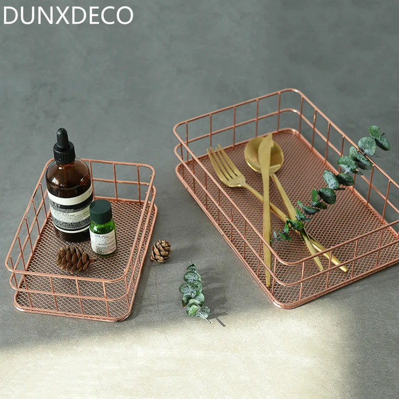 

DUNXDECO 1PC Modern Geometric Elegant Rose Gold Home Office Organiser Table Multifunction Storage Basket Photo Prop Home Decor