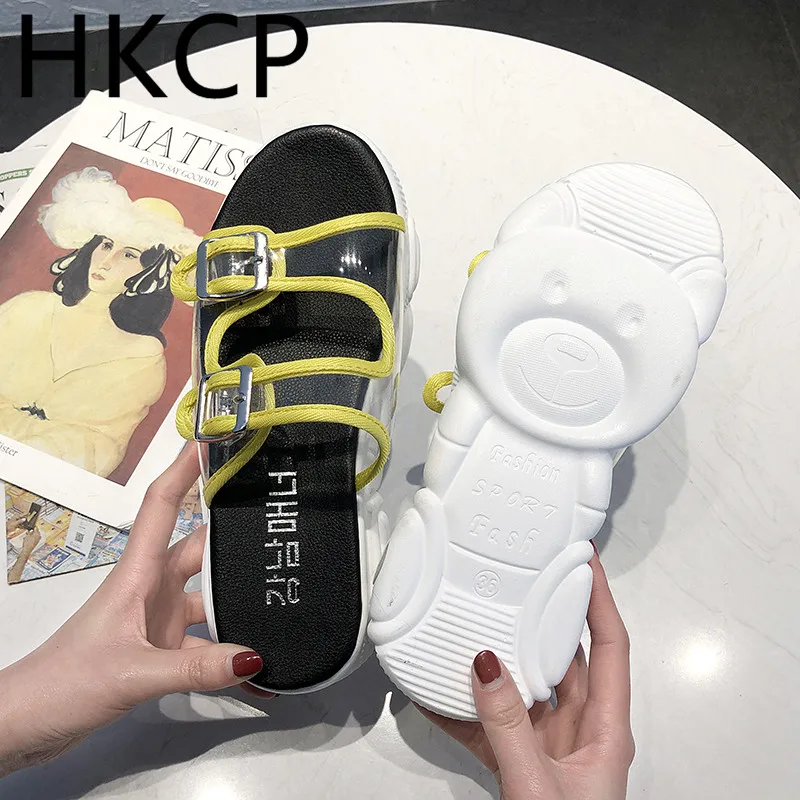 

HKCP Fashion women 2019 new bear thick-soled transparent sandals with retro Hong Kong style beach shoes C158