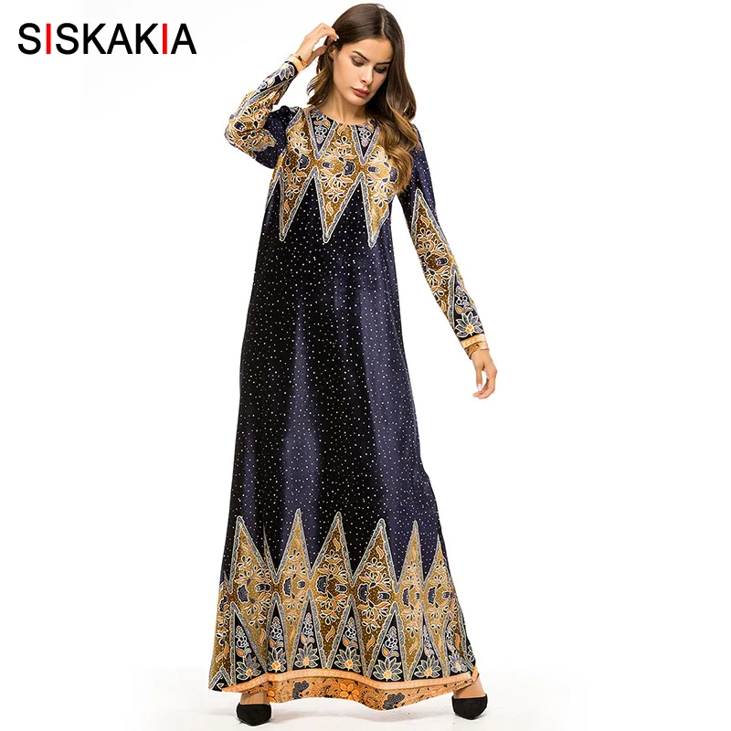 Siskakia, этническое винтажное женское длинное платье с принтом, бархатное, Осень-зима, элегантные женские макси платья с длинным рукавом, мусульманское, Eid Adha