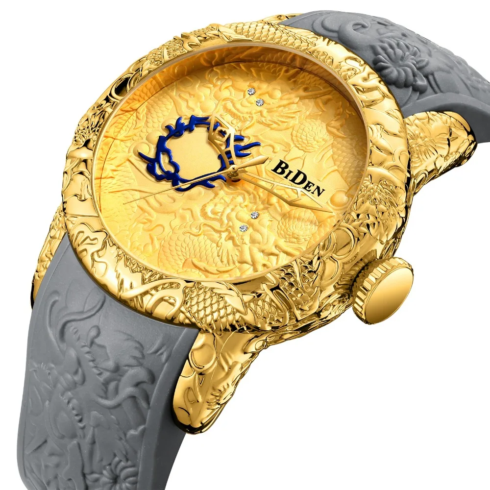 

Fashion Cool Watch Men Quartz Analog Clock Golden Dial Carved Case Tape Strap Oversize Mens Watches Top Brand Luxury Clock