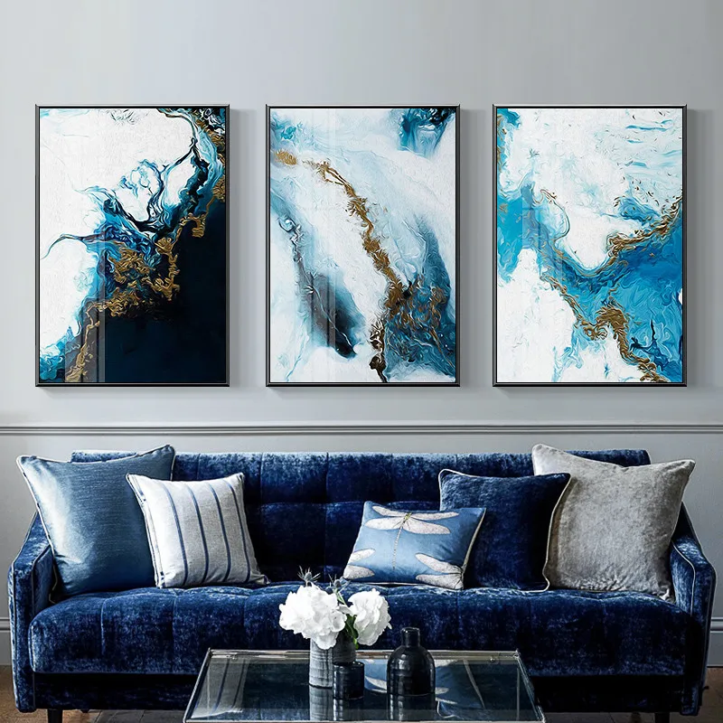 Nordic Abstract Color Spalsh Blue Golden Canvas Painting Poster And Print Unique Decor Wall Art Pictures For Living Room Bedroom